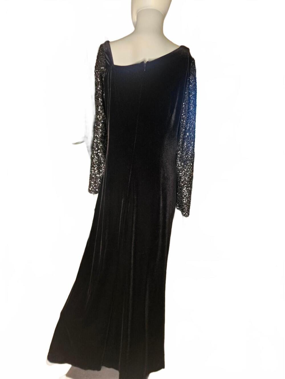 Adrianna Papell Black Velvet Evening Gown with Sequin Sleeves and Slit Sz 14 - Picture 6 of 9
